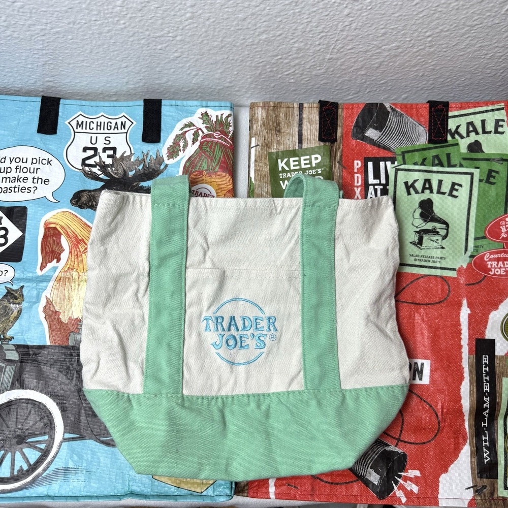 Lot Of 3 Trader Joes Bags Mini Canvas Tote Mint Green Michigan Reusable Bag Kale